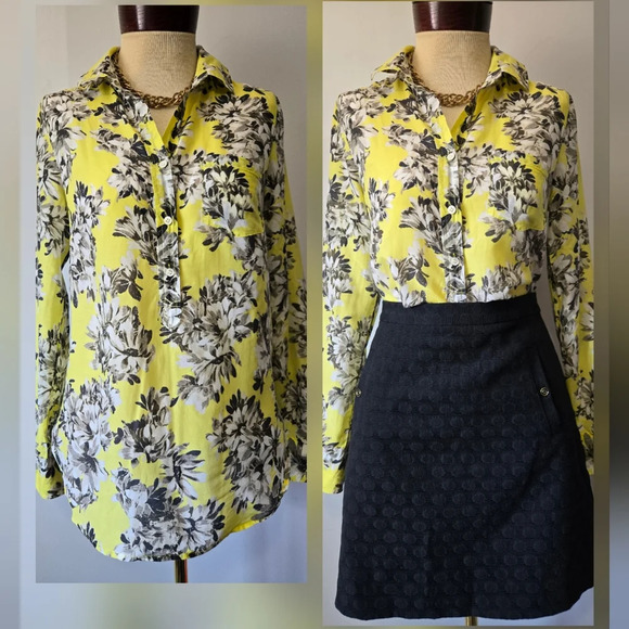 J.CREW Silk And Cotton Blend Yellow Blouse With A Floral Grey Pattern. Size 2 - Picture 2 of 12